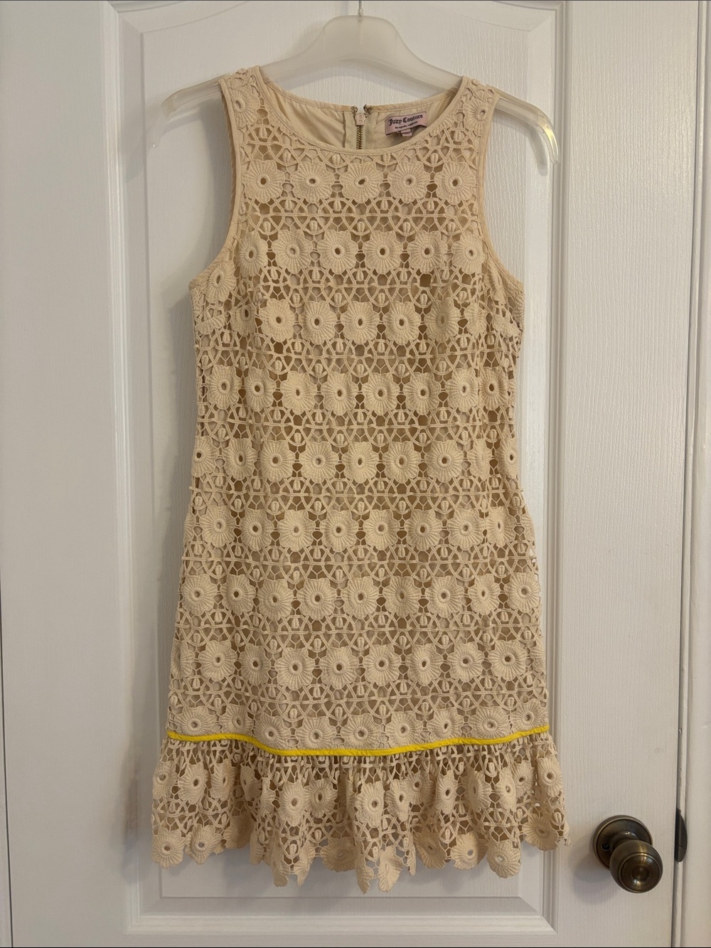 Juicy Couture 100% Cotton Cream Lace Crochet Dress with Yellow Trim